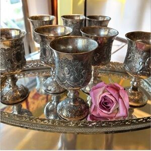 Vintage Set of 6 Silver Plated Grapes Vines Design Goblets Drinkware.